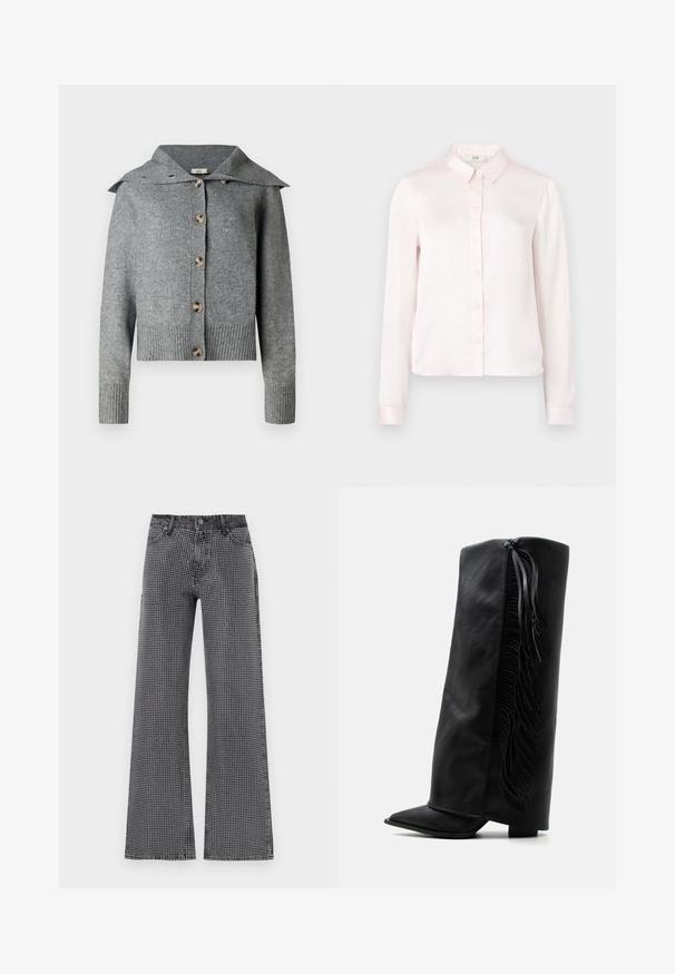 Grå strikket cardigan med bred krave, syv knapper, ribbede manchetter og kant. Fremstillet af blødt materiale med en tekstureret overflade.; Lyserød satin skjorte med lange ærmer, krave, knaplukning og manchetter, der har en glat tekstur og klassisk design.; Bredde benjeans i sort denim med et hvidt prikkemønster; har et klassisk fem-lomme-design og knappelukning.; Sort læder knæhøj støvle med spids tå og dekorativ frynse langs ydersiden mod en ensartet hvid baggrund.