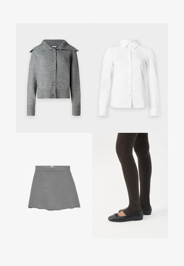 Γκρι πλεκτό cardigan με φαρδύ γιακά, επτά κουμπιά, ριμπ μανσέτες και στρίφωμα. Φτιαγμένο από μαλακό υλικό με υφή.; Λευκό πουκάμισο με μακριά μανίκια κουμπιά, με μυτερό γιακά, ίσια τελείωμα και εφαρμοστή σιλουέτα, εμφανίζεται σε απλό φωτεινό φόντο.; Γκρι φούστα από μαλακό ύφασμα, με ψηλή μέση, φαρδιά γραμμή και κρυφό φερμουάρ στο πίσω μέρος.; Πόδια με σκουρόχρωμα ριμπ κολάν συνδυασμένα με μαύρα μπαλαρίνα παπούτσια με μικρές λεπτομέρειες φιόγκων σε λευκό φόντο.