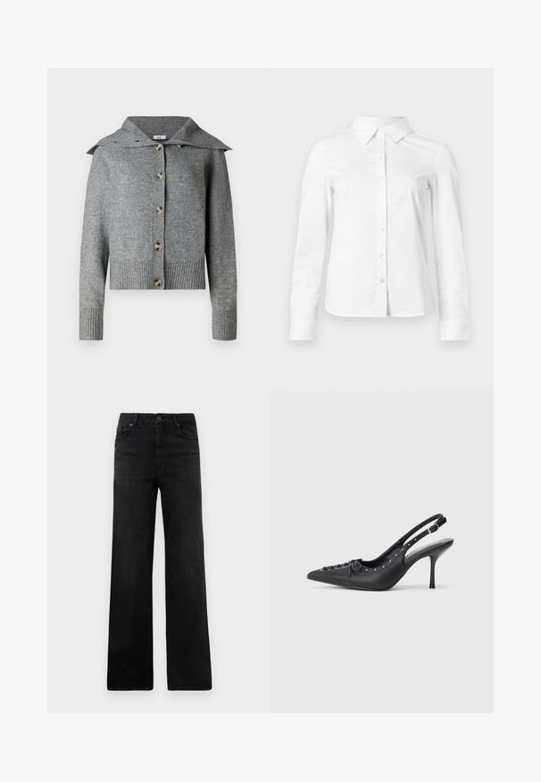 Grijze gebreide cardigan met een brede kraag, zeven knopen, geribbelde manchetten en zoom. Gemaakt van zacht materiaal met een textuurafwerking.; Witte blouse met lange mouwen en knopen, met puntige kraag, rechte zoom en aansluitende silhouet, weergegeven op een effen lichte achtergrond.; Zwarte denim broek met wijde pijpen en een klassiek vijf-pocket ontwerp, met een knoopsluiting en subtiele textuur. Strakke lijnen en minimale versieringen.; Zwarte leren slingback stiletto met spitse neus, zijgesp met gesp, studs langs de rand en decoratieve veters aan de voorkant.