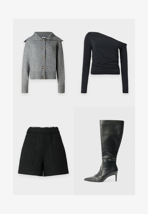 Cárdigan gris de punto con un amplio cuello, siete botones, puños y dobladillo acanalados. Fabricado con material suave y acabado texturizado.; Top negro de manga larga con diseño de un solo hombro, que presenta una textura fruncida en el lateral. Confeccionado con una tela suave y elástica para mayor comodidad.; Pantalones cortos negros de tela texturizada con un dobladillo deshilachado, que cuentan con dos bolsillos frontales y un ajuste entallado.; Botas negras de cuero hasta la rodilla con tacón delgado, punta afilada y detalles de diseño con correas en el tobillo. Textura suave y diseño ajustado.