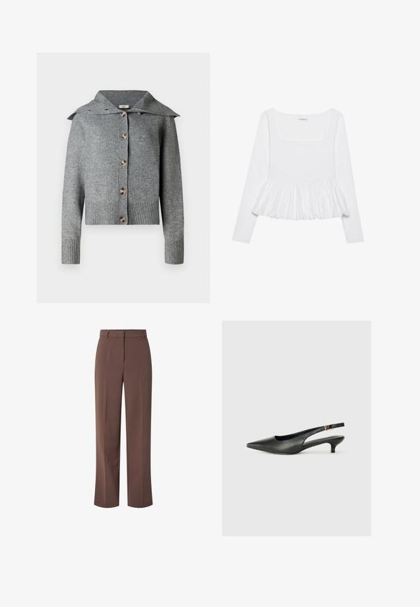 Grijze gebreide cardigan met een brede kraag, zeven knopen, geribbelde manchetten en zoom. Gemaakt van zacht materiaal met een textuurafwerking.; Witte lange mouw top met een vierkante halslijn, voorzien van een geplooide peplumrand van een gestructureerde stof. Labels zichtbaar bij de hals.; Bruine hoge taille op maat gemaakte broeken met riemlussen en een rits aan de voorkant, met een rechte pijpfit.; Zwarte puntschoen met slingback van soepel leer. Kenmerkt zich door een dunne hak en een gespdetail op de verstelbare band.