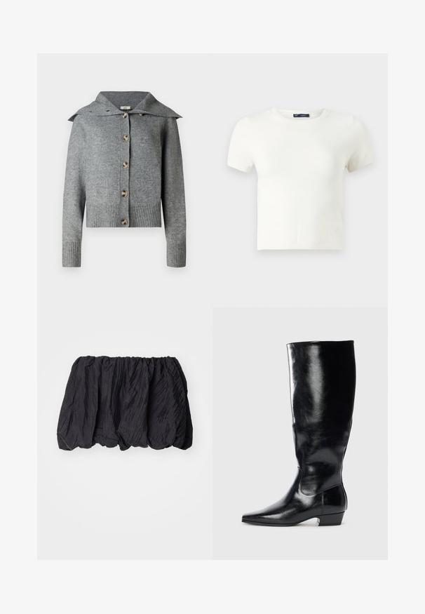 Cárdigan gris de punto con un amplio cuello, siete botones, puños y dobladillo acanalados. Fabricado con material suave y acabado texturizado.; Camiseta blanca de manga corta fabricada con un material suave. Presenta un clásico diseño de cuello redondo y un ajuste slim, sin patrones ni acentos visibles.; Top de tela negra arrugada con cintura elástica, que presenta una superficie texturada y un diseño fruncido para una forma volumétrica.; Bota de cuero negro hasta la rodilla con un acabado brillante, punta afilada y tacón bajo. Presenta una textura suave y un diseño minimalista.
