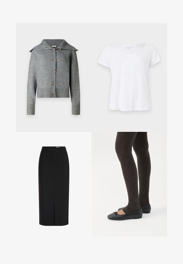 Grå strikket cardigan med bred krave, syv knapper, ribbede manchetter og kant. Fremstillet af blødt materiale med en tekstureret overflade.; Hvid T-shirt med korte ærmer og rund hals, størrelse small, ensfarvet design, vist mod en lysegrå baggrund.; Sort midi pencilnederdel med høj talje, frontslids og skjult lynlås på hvid baggrund.; Ben iført mørke ribbede leggings kombineret med sorte balletsko med små sløjfedetaljer på hvid baggrund.