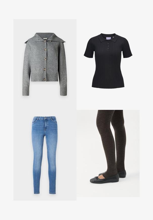Grå strikket cardigan med bred krave, syv knapper, ribbede manchetter og kant. Fremstillet af blødt materiale med en tekstureret overflade.; Sort kortærmet ribstrikket polo i strik med fire knapper og traditionelt krave.; Slanke jeans i lyseblå denim med mellemhøj talje, fem-pockets design og tonal syning med en glat tekstur.; Ben iført mørke ribbede leggings kombineret med sorte balletsko med små sløjfedetaljer på hvid baggrund.