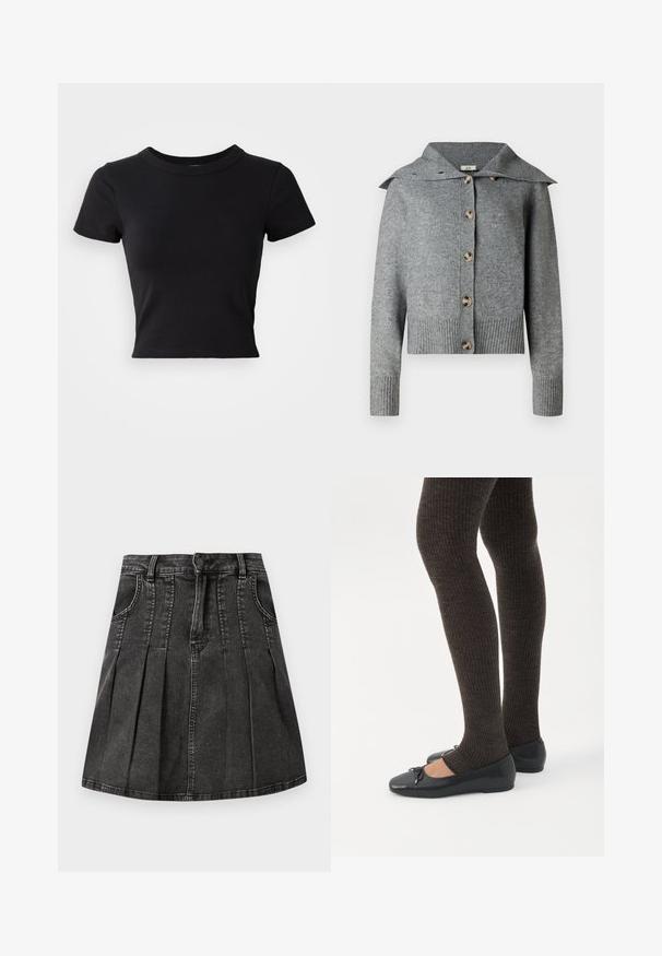 Cárdigan gris de punto con un amplio cuello, siete botones, puños y dobladillo acanalados. Fabricado con material suave y acabado texturizado.; Camiseta corta negra hecha de algodón sólido, con mangas cortas y un cuello redondo, de diseño suave y sencillo.; Falda de mezclilla negra con un diseño plisado, lazos para cinturón, bolsillos frontales y cierre de botón. Textura suave con un ligero brillo.; Piernas con leggings oscuros acanalados combinados con bailarinas negras que presentan pequeños detalles de lazo sobre un fondo blanco.