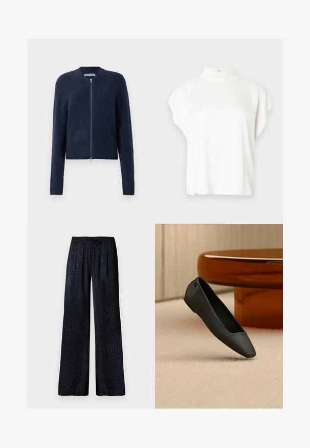 Cardigan zippé en laine bouillie bleu marine avec des manches longues et des poignets côtelés, présenté sur un fond blanc.; Haut blanc à manches courtes avec un col montant, fabriqué en tissu doux. Doté d'un détail de bouton à l'arrière du col. Silhouette simple et décontractée.; Pantalons larges en tissu foncé avec un motif léopard noir discret, une taille élastique et une coupe confortable.; Chaussure plate noire à bout pointu reposant sur un tapis beige près d'une table ronde de couleur ambre dans un décor minimaliste.