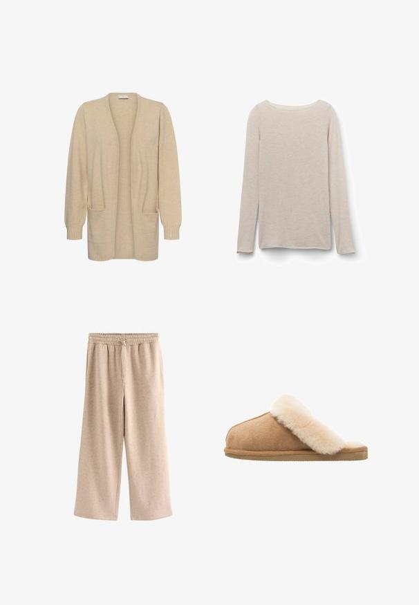 Cardigan largo beige con abertura frontal, mangas largas, dos bolsillos delanteros y puños y bajo acanalados, mostrado sobre un fondo blanco.; Camiseta de manga larga rosa claro con un escote redondo relajado, hecha de una tela suave con una sutil textura jaspeada.; Pantalones beige de pierna ancha con cintura elástica y cordón, hechos de una tela suave y moteada.; Zapatilla de ante de color beige, con un suave forro de piel de oveja crema. Cuenta con una suela de goma plana y texturizada para mayor agarre.