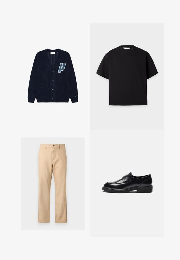 Mørk marineblå strikket cardigan med knapper foran, to lommer, et stort blåt og hvidt "P" på brystet og lille hvid skrift på ærmet.; Plain sort t-shirt med korte ærmer og rund halsudskæring, afslappet pasform, vist mod en lysegrå baggrund.; Beige bukser med lige ben, bæltestropper, frontknap, lynlås og sidelommer.; Zign by Zalando LEATHER - Business loafers - black
