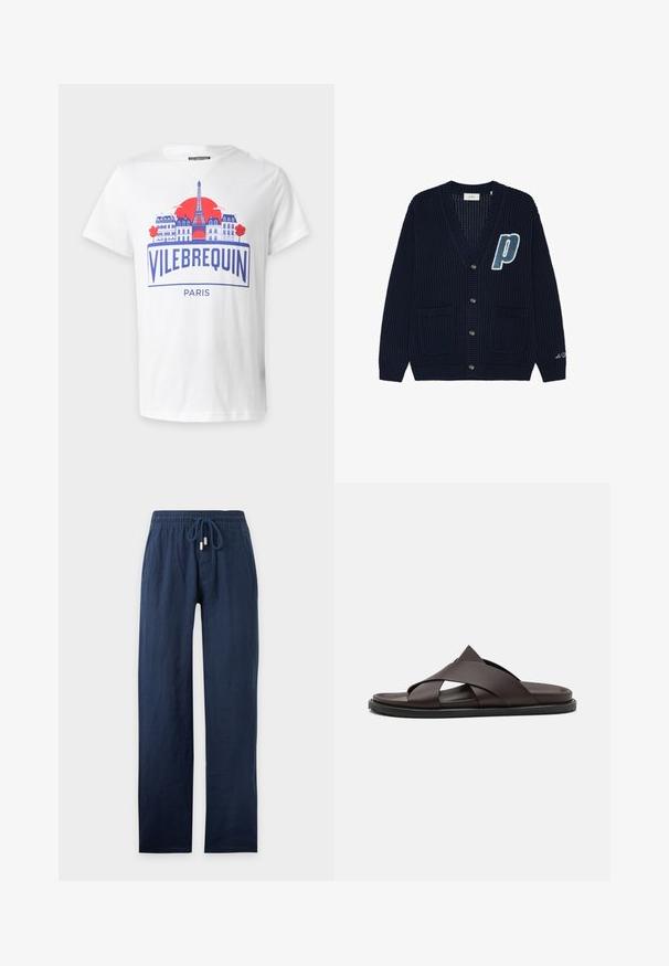 Cardigan tricoté bleu marine foncé avec boutons sur le devant, deux poches, un grand "P" bleu et blanc sur la poitrine et une petite inscription blanche sur la manche.; T-shirt blanc avec un graphisme bleu et rouge représentant des bâtiments de Paris, la Tour Eiffel, un soleil rouge, et le texte « Vilebrequin Paris » à l'avant.; Pantalon bleu marine à jambes droites avec taille élastique et cordon de serrage, en tissu léger.; Stuart Weitzman BERKLEY - Mules - espresso