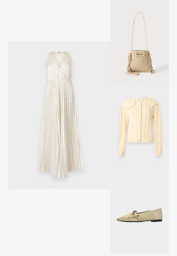 Cardigan crème en maille torsadée avec manches longues, boutons recouverts et deux grandes appliques florales tricotées sur la poitrine.; Robe maxi ivoire sans manches avec col en V, jupe plissée et détail ceinture ajustable à nouer sur le côté.; Chaussure plate beige à bout pointu avec bride à double boucle et petit talon noir, vue de profil sur fond blanc uni.; Sac à main matelassé beige avec des détails à franges sur les côtés, une bandoulière chaîne dorée et une petite ouverture sur la poignée supérieure.