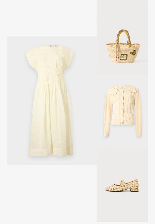 Κρεμ ζακάρ ζακέτα με μακριά μανίκια, καλυμμένα κουμπιά και δύο μεγάλα πλεκτά λουλούδια στο στήθος.; Midi φόρεμα μπεζ χρώματος με κοντά μανίκια, κορσέ με σούρες και φούστα με πιέτες, παρουσιάζεται πάνω σε απλό φωτεινό φόντο.; Μπεζ πλεκτό παπούτσι Mary Jane με χαμηλό τακούνι και λουρί με αγκράφα στο πάνω μέρος, σε μονόχρωμο φόντο.; Πλεκτή τσάντα από άχυρο με πλεγμένες κίτρινες και μπεζ λαβές, διακοσμημένη με σχέδιο μπανάνας και μικρό πλαίσιo ψαριού στο μπροστινό μέρος.