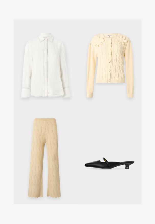 Cardigan crème en maille torsadée avec manches longues, boutons recouverts et deux grandes appliques florales tricotées sur la poitrine.; Chemise blanche à manches longues en tissu lisse avec un bouton à l'avant, un col pointu et des coutures noires contrastantes le long de la patte de boutonnage et des poignets.; Pantalon en maille beige à jambes larges, présentant un motif chevrons avec de petits trous et un ourlet festonné.; Mule noire à bout pointu avec petit talon kitten et fine bride sur le cou-de-pied ornée d’un petit bouton doré.