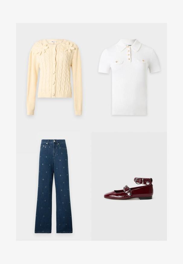Cardigan crème en maille torsadée avec manches longues, boutons recouverts et deux grandes appliques florales tricotées sur la poitrine.; Polo blanc en tissu côtelé à manches courtes, avec un col pointu, quatre boutons dorés sur le devant et deux poches poitrine avec rabats à boutons dorés.; Jean bleu marine coupe large à taille haute, bouton argenté, poches avant, avec un motif discret de petits points sur tout le tissu.; Ballerines en cuir verni bordeaux avec un bout pointu, une bride de cheville avec une boucle en argent et un petit talon. Texture lisse sur l'ensemble.