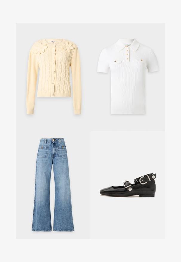 Kremfarget cardigan med kabelstrikk, lange ermer, dekkede knapper og to store strikkede blomsterapplikasjoner på brystet.; Hvit ribbestrikket poloshorte med korte ermer, spiss krage, fire gylne knapper foran og to brystlommer med klaffer med gylne knapper.; Blå jeans med høy midje og vide ben, med beltestropper, påsydde lommer foran, knapp og glidelås.; Sorte lakkderflat sko med firkantet tå, ankelstropp med sølvfarge detaljer, og flat såle. Glatt tekstur med minimalistisk design.