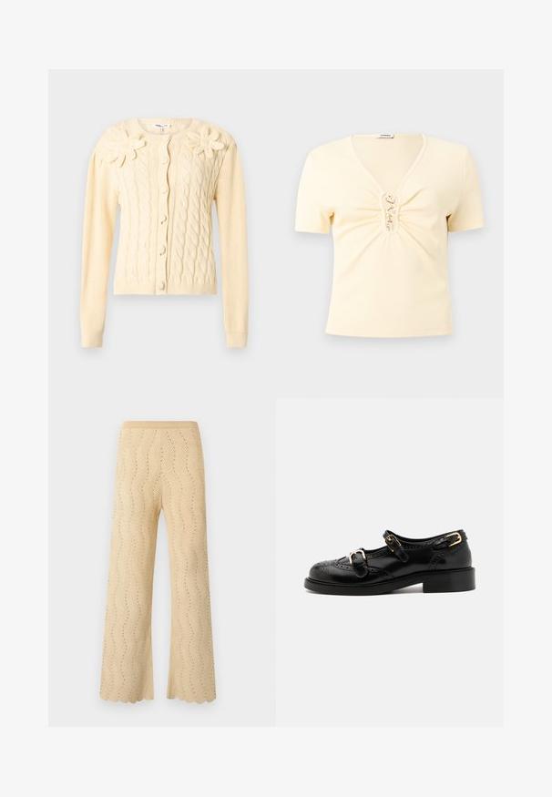 Cardigan crème en maille torsadée avec manches longues, boutons recouverts et deux grandes appliques florales tricotées sur la poitrine.; Haut crème en maille côtelée à manches courtes avec col en V et fermetures à crochets dorés sur un détail froncé à l'avant.; Pantalon en maille beige à jambes larges, présentant un motif chevrons avec de petits trous et un ourlet festonné.; Chaussures en cuir noir avec détails de brogue, dotées de deux sangles à boucle, d'un bout arrondi et d'un talon bas. Texture lisse avec finition brillante.