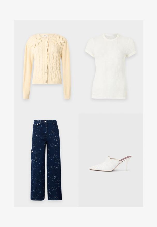 Flødefarvet kabelstrikket cardigan med lange ærmer, dækkede knapper og to store strikkede blomsterapplikationer på brystet.; Hvid ribstrikket t-shirt med korte ærmer, rund halsudskæring og let puffede ærmer.; Mørkeblå denim cargo bukser med stjernemønster, vide ben, forlommer og en sidelomme med knaplukning.; Hvide mule sko med spids snude, plisseret tekstur på overdelen og en slank stilet hæl. Glat overflade og minimalistisk design.