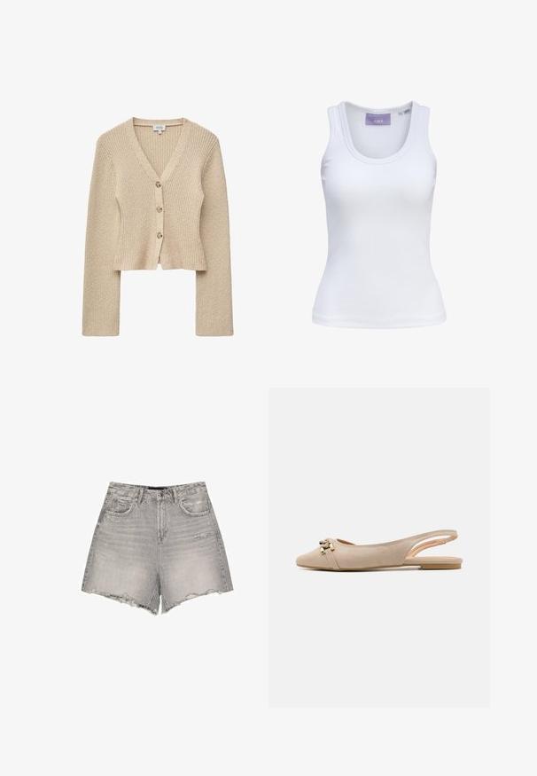 Beige ribstrikket kort cardigan med lange ærmer, V-hals og tre matchende knapper foran.; Hvid ribbet ærmeløs tanktop med rund halsudskæring og JJXX mærke indeni kraven, størrelse small.; Grå denimshorts med høj talje, frayed kant, let slid og klassisk fem-lommer design.; Beige slingback flade lavet af blødt ruskind, med en slank spids tå, dekorative guldmetal accenter og et minimalistisk design.