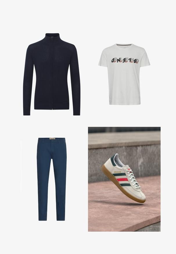 Marineblå lynlås-cardigan lavet af tekstureret strikstof, med ståkrave og en tætsiddende silhuet, samt ribkanter ved ærmerne og nederste kant.; Hvid T-shirt med korte ærmer og fed, geometrisk tekstgrafik i sort og brun 3D-stil over brystet.; Marineblå slim-fit herrebukser med bælteløkker, frontlukning med knap og sidelommer, præsenteret mod en hvid baggrund.; Hvid Adidas sneaker med grønne og røde striber, gummisål og "SPEZIAL" branding, der svæver over stensat belægning.