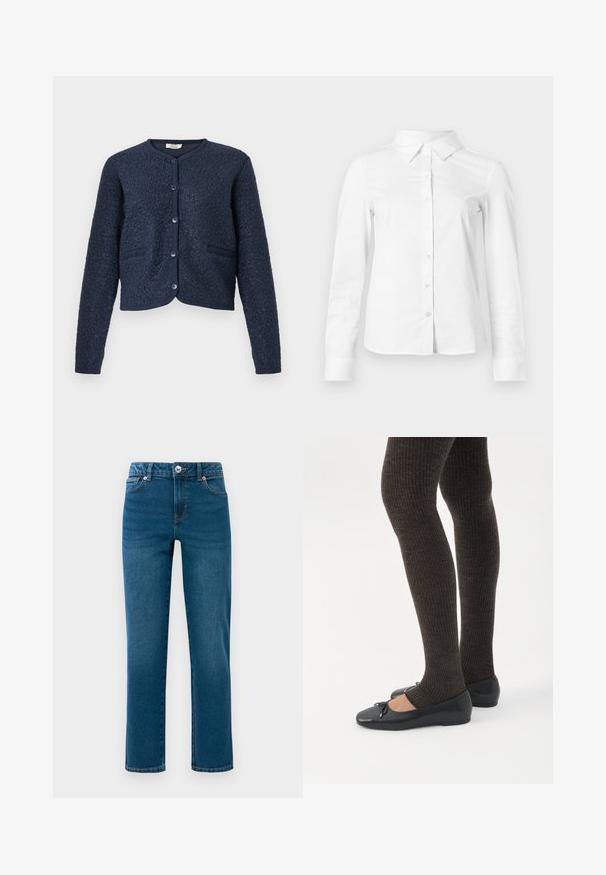 Marineblauw cropped vest met gestructureerde stof, ronde hals, sluiting met vijf knopen en twee voorzakken. Gladde, gebreide manchetten.; Witte blouse met lange mouwen en knopen, met puntige kraag, rechte zoom en aansluitende silhouet, weergegeven op een effen lichte achtergrond.; Blauwe rechtvallende denim jeans met vijf zakken, knoop- en ritsluiting, en riemlussen, weergegeven op een witte achtergrond.; Benen met donkere geribbelde leggings gecombineerd met zwarte ballerina's met kleine strikdetails op een witte achtergrond.