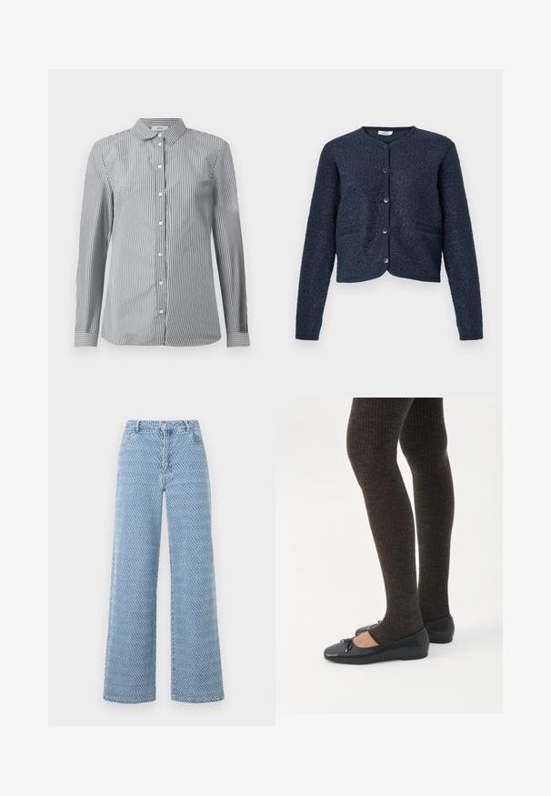 Mørkeblå cropped cardigan med tekstureret stof, rund hals, lukning med fem knapper og to frontlommer. Glatte, strikkede manchetter.; Stribet button-up skjorte i sort og hvid bomuldsstof. Har en klassisk krave og lange ærmer med knapmanchetter.; Lyseblå, højtaljede, vidde bukser med bølget teksturmønster, foran knapper, lynlås og bæltestropper.; Ben iført mørke ribbede leggings kombineret med sorte balletsko med små sløjfedetaljer på hvid baggrund.