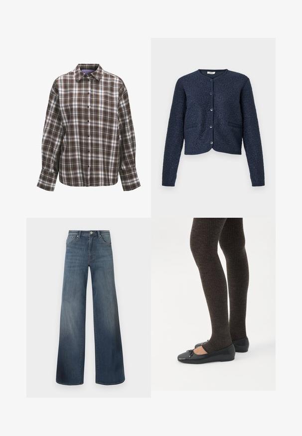 Mørkeblå cropped cardigan med tekstureret stof, rund hals, lukning med fem knapper og to frontlommer. Glatte, strikkede manchetter.; Langærmet skjorte med knapper, brun, sort og hvid ternet mønster og klassisk krave på hvid baggrund.; Bredde denim jeans i mørkeblå, med en slidteknik, knaplukning og fem-lomme stil. Glat tekstur, minimal syning detaljer.; Ben iført mørke ribbede leggings kombineret med sorte balletsko med små sløjfedetaljer på hvid baggrund.