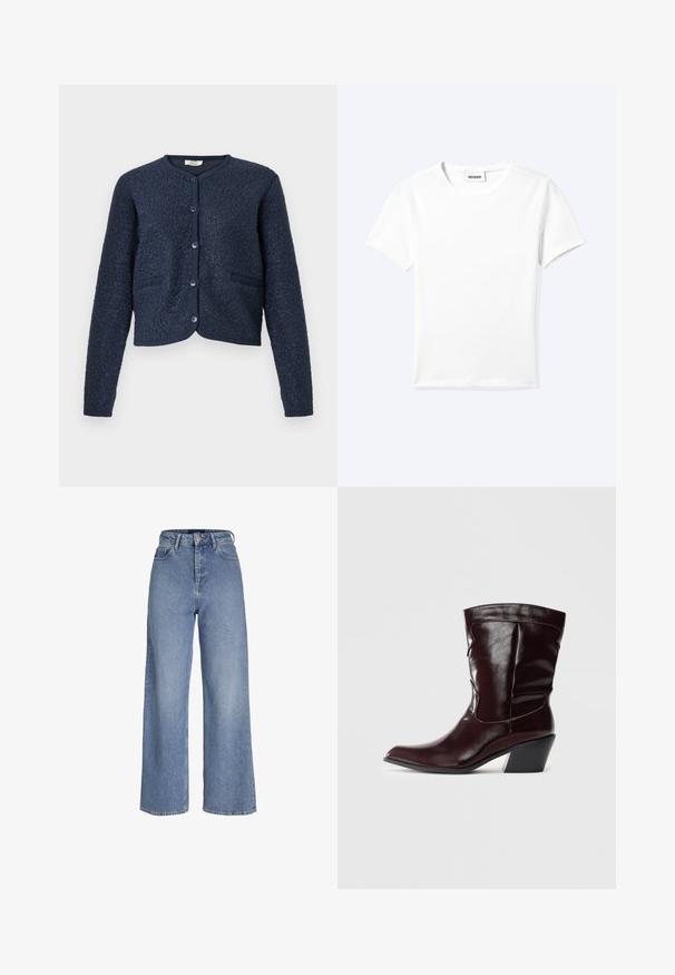 Mørkeblå cropped cardigan med tekstureret stof, rund hals, lukning med fem knapper og to frontlommer. Glatte, strikkede manchetter.; Ensfarvet hvid t-shirt med korte ærmer og rund halsudskæring med en lille "WEEKDAY" label indeni halskanten, vist fladt på en lys baggrund.; Højtaljede lyseblå cowboybukser med vide ben, foran knap- og lynlåslukning samt fem-lomme-design.; Bordeaux læder ankelstøvler med spids tå, tekstureret overflade og en lav, taperet hæl. Har diskrete søm og en tætsiddende pasform.