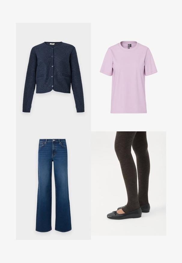 Mørkeblå cropped cardigan med tekstureret stof, rund hals, lukning med fem knapper og to frontlommer. Glatte, strikkede manchetter.; Lyse lilla T-shirt med korte ærmer og rund hals, med et "PIECES" mærke inde i kraven, vist på en hvid baggrund.; Vidde ben denim jeans i mørkeblå med en tekstureret overflade, der har en knaplukning, fem lomme-design og lige kant.; Ben iført mørke ribbede leggings kombineret med sorte balletsko med små sløjfedetaljer på hvid baggrund.
