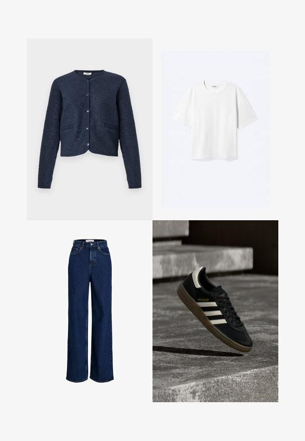 Marineblauer kurzer Cardigan mit strukturierter Stoffqualität, Rundhalsausschnitt, fünf Knöpfen zum Schließen und zwei Vorderaschen. Glatte, gestrickte Bündchen.; Weißes T-Shirt mit kurzen Ärmeln und Rundhalsausschnitt mit geradem Saum, innen mit gebrandetem "WEEKDAY"-Label am Kragen.; Dunkelblaue, hoch taillierte Jeans mit weitem Bein, vorderen Taschen, Gürtelschlaufen, Knopfverschluss und sichtbaren Nahtdetails.; Schwarzer Adidas-Sneaker mit weißen Streifen und Gummisohle schwebt über grauen Betonstufen im natürlichen Licht.