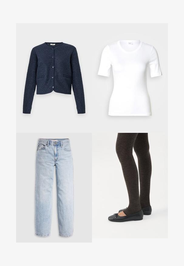 Cardigan corto azul marino con tela texturizada, cuello redondo, cierre con cinco botones y dos bolsillos delanteros. Puños lisos tejidos.; Camiseta blanca de manga corta hecha de algodón liso, con escote redondo y forma ajustada. Diseño clásico, sin estampados ni adornos.; Jeans de mezclilla azul claro con cintura alta, corte relajado, piernas rectas y un diseño clásico de cinco bolsillos. Desgastado visible y detalles de costuras.; Piernas con leggings oscuros acanalados combinados con bailarinas negras que presentan pequeños detalles de lazo sobre un fondo blanco.