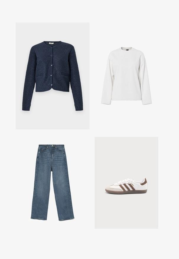 Mørkeblå cropped cardigan med tekstureret stof, rund hals, lukning med fem knapper og to frontlommer. Glatte, strikkede manchetter.; Hvid langærmet sweatshirt med rund halsudskæring, afslappet pasform og blød tekstur. Ingen synlige mønstre eller hardware-detaljer.; Blå denim vide bukser med et struktureret mønster, fem-lomme design, metalknaplukning og stikninger, der udviser en afslappet pasform.; Hvid Adidas Samba sneaker med brune ruskindstriber, brun hælflap, beige tåhætte og gennemsigtig gummisål, vist fra siden.