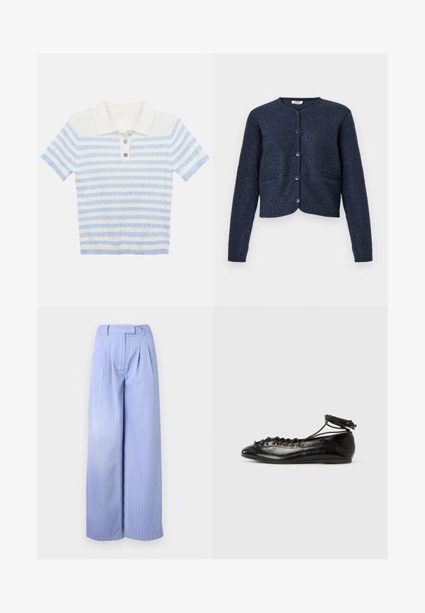 Cardigan court bleu marine en tissu texturé, col rond, fermeture à cinq boutons, et deux poches avant. Poignets lisses en maille.; Polo-shirt tricoté avec un col blanc. Possède des rayures horizontales bleu clair et blanches. Trois boutons décoratifs à l'avant.; Pantalons larges bleu clair avec un motif à rayures, devant plissé et taille haute. Fabriqués dans un tissu lisse avec une texture douce.; Ballerines en cuir verni noir avec un bout rond, un design à lacets et une semelle plate. Texture lisse avec peu de détails.