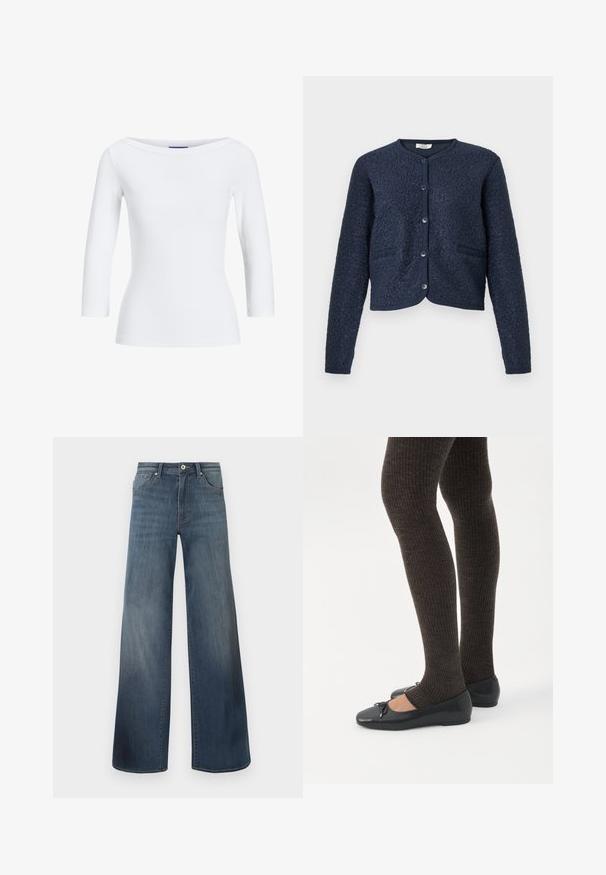 Marineblauw cropped vest met gestructureerde stof, ronde hals, sluiting met vijf knopen en twee voorzakken. Gladde, gebreide manchetten.; Witte geribbelde longsleeve top met een bootnek. De stof is soepel, aansluitend en heeft een nette afwerking bij de mouwen en de zoom.; Brede denims met wijde pijpen in donkerblauw, met een verwasde afwerking, knoopsluiting en vijf-pocketstijl. Gladde textuur, minimale stikseldetails.; Benen met donkere geribbelde leggings gecombineerd met zwarte ballerina's met kleine strikdetails op een witte achtergrond.