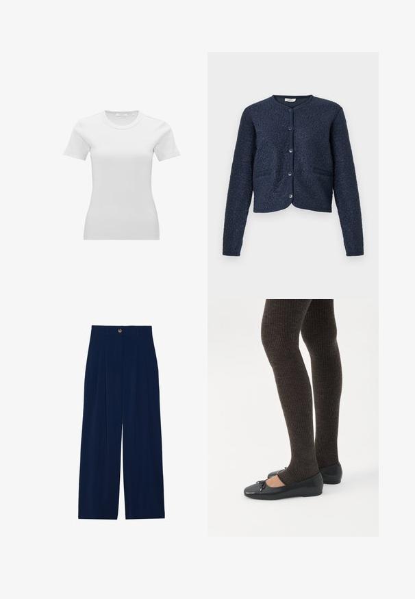 Marineblauw cropped vest met gestructureerde stof, ronde hals, sluiting met vijf knopen en twee voorzakken. Gladde, gebreide manchetten.; Witte nauwsluitende dames T-shirt met korte mouwen, geribbeld en met een ronde hals en een klein maatlabel aan de binnenzijde van de kraag.; Navyblauwe broek met wijde pijpen van zachte stof, voorzien van voorplooien, een knoopsluiting en twee zijzakken.; Benen met donkere geribbelde leggings gecombineerd met zwarte ballerina's met kleine strikdetails op een witte achtergrond.