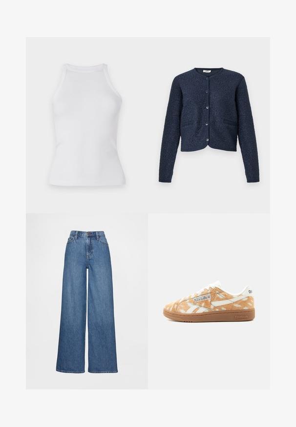 Marineblauw cropped vest met gestructureerde stof, ronde hals, sluiting met vijf knopen en twee voorzakken. Gladde, gebreide manchetten.; Witte geribbelde tanktop met een fitted ontwerp, ronde halslijn en zonder mouwen. Gemaakt van rekbare stof voor comfort en bewegingsgemak.; Wijde jeans in mediumblauwe denim met een hoge taille, riemlussen en knoopsluiting. Gladde textuur met minimale stikdetails.; Low-top Reebok sneaker met lichtbruine en witte gevlekte bonttextuur, wit logo en zool van natuurrubber, gezien van opzij.