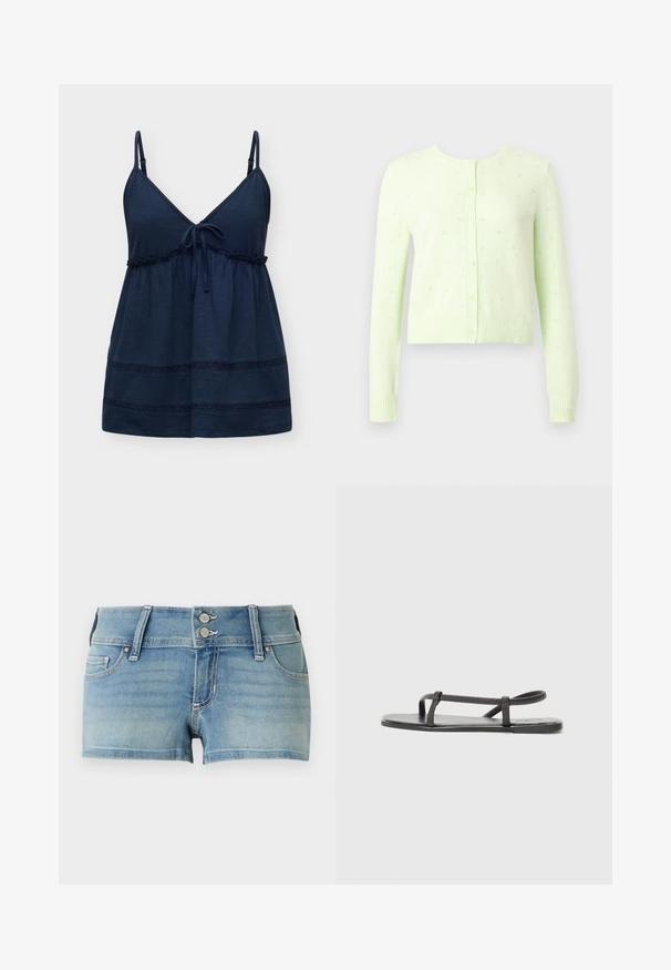 Cardigan vert clair en tricot avec manches longues, fermeture à boutons, petit motif ajouré et poignets et ourlet côtelés.; Top caraco bleu marine sans manches avec bretelles réglables, encolure en V, lien noué au centre devant, et bordure en dentelle décorative près de l'ourlet.; Short en jean bleu clair avec fermeture à double bouton, passants pour ceinture et poches avant, présenté sur un fond blanc uni.; Sandales plates noires avec des sangles fines et texturées, au design minimaliste. La semelle est lisse et la forme globale est élégante et discrète.