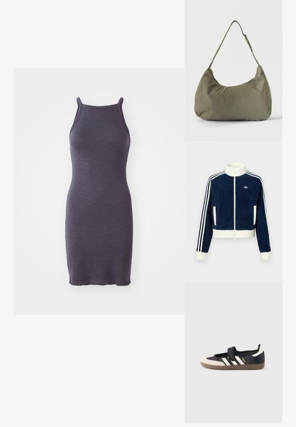 Chaqueta de pana azul marino con cierre y cuello y puños de canalé blancos. Tres rayas blancas en las mangas y pequeño logo en el pecho. Dos bolsillos frontales.; Vestido bodycon acanalado en púrpura oscuro, con tirantes finos y una silueta ajustada, confeccionado en un tejido de punto elástico.; Zapatilla negra y beige con una correa de velcro, tres rayas blancas en el lateral y una suela de goma marrón texturizada. Logotipo de la marca visible.; Bolso de hombro de tela suave color verde oliva con cierre de cremallera y correa ajustable sobre un fondo liso y claro.