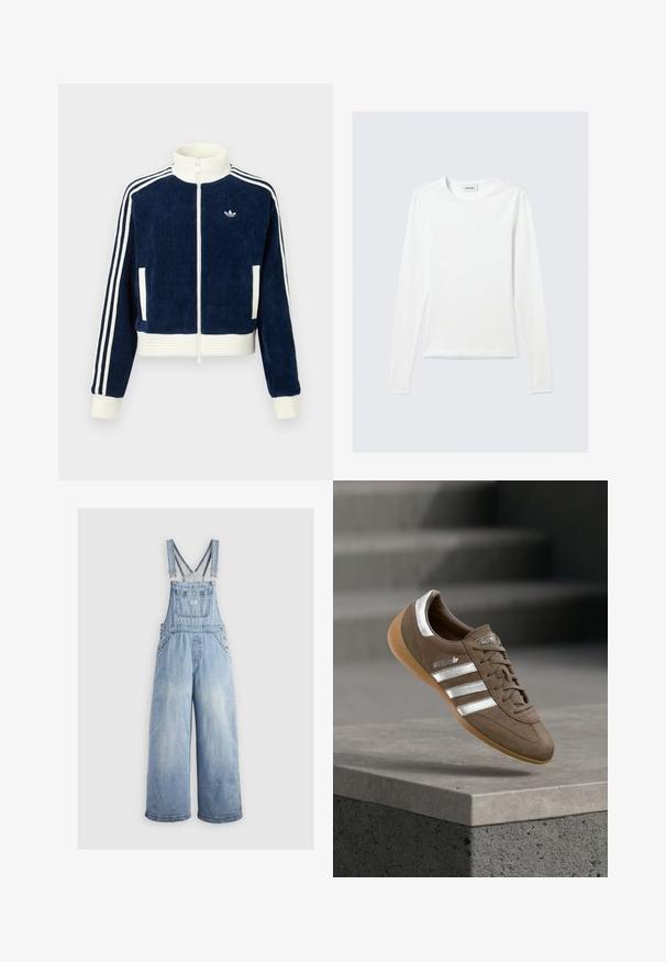 Marineblauwe corduroy ritsjack met witte geribde kraag en manchetten. Drie witte strepen op de mouwen en een klein logo op de borst. Twee voorzakken.; Effen wit shirt met lange mouwen en ronde hals, slim fit, afgebeeld tegen een lichtgrijze achtergrond.; Lichtblauwe denim overall met wide benen, verstelbare schouderbanden, een voorzak en metalen knopen aan de zijkanten. Klassieke stijl met een ontspannen pasvorm.; Bruine suède sneaker met witte strepen en zilveren accenten, voorzien van een getextureerde bovenkant, vetersluiting en een zool van gumrubber.