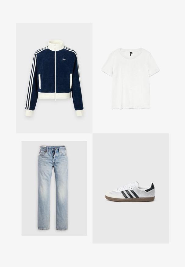 Veste zippée en velours côtelé marine avec col et poignets côtelés blancs. Trois bandes blanches sur les manches et un petit logo sur la poitrine. Deux poches avant.; T-shirt blanc à manches courtes avec un col rond, fabriqué en tissu léger. Design simple, texture lisse et ourlet droit.; Jeans en denim bleu clair avec une coupe droite, une fermeture à cinq boutons et des poches arrière avec un subtil détail de couture.; Baskets en mesh blanc avec des rayures noires, un embout en daim beige et un accent sur le talon, semelle en caoutchouc texturée, et lacets blancs. Design classique à tige basse.