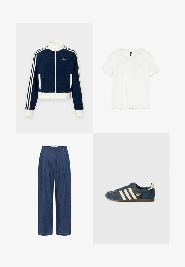 Chaqueta de pana azul marino con cierre y cuello y puños de canalé blancos. Tres rayas blancas en las mangas y pequeño logo en el pecho. Dos bolsillos frontales.; Camiseta blanca de manga corta con un cuello redondo, hecha de tejido ligero. Diseño simple, textura suave y dobladillo recto.; Pantalones de mezclilla azul de pierna ancha y cintura alta, con pliegues delanteros, trabillas para cinturón y cierre de cremallera oculto.; Zapatillas de ante azul marino con rayas crema, zona de punta texturizada, logo dorado "adidas JAPAN" y suela de goma marrón. Diseño clásico de corte bajo.