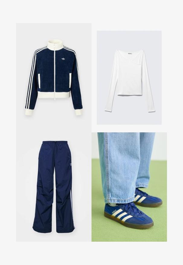 Marineblauwe corduroy ritsjack met witte geribde kraag en manchetten. Drie witte strepen op de mouwen en een klein logo op de borst. Twee voorzakken.; Witte long-sleeve top met een crossover ontwerp en een zak. Gemaakt van een gladde, rekbare stof. Geknipt in een casual, relaxte pasvorm.; Navyblauwe, lichtgewicht broek met elastische taille en trekkoord, voorzien van witte zijstrepen en een klein logo aan de voorkant. Losse pasvorm.; Blauwe suède sneakers met witte strepen en gestructureerde patronen, gedragen met lichtblauwe denim broek, tegen een groene achtergrond.