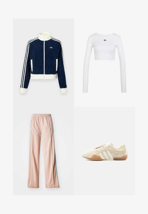 Mørkeblå kordfløjls lynlåsjakke med hvid ribbet krave og manchetter. Tre hvide striber på ærmerne og lille logo på brystet. To frontlommer.; Hvid langærmet cropped top med rund halsudskæring og lille sort Adidas-logo centreret under halsudskæringen.; Lyserøde sportspants med afslappet pasform, der har blå sidestriber og en snoretræk i taljen. Fremstillet af glat, letvægtsstof.; Lavprofileret beige sneaker med tre hvide striber, teksturerede ruskindssidepaneler, gummisål og snørelukning på ensfarvet baggrund.