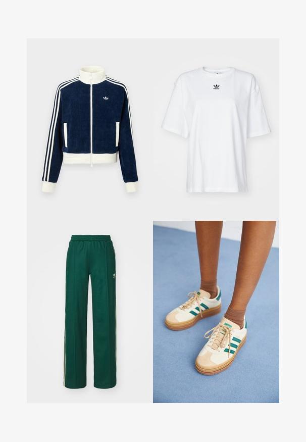 Marineblauwe corduroy ritsjack met witte geribde kraag en manchetten. Drie witte strepen op de mouwen en een klein logo op de borst. Twee voorzakken.; Witte korte mouwen t-shirt van katoen. Voorzien van een ronde hals en een klein zwart Adidas-logo op de borst. Rechthoekige zoom.; Donkergroene sportbroek met een relaxte pasvorm, voorzien van een trekkoord in de taille, zijzakken en crèmekleurige strepen aan de zijkanten.; Beige sneakers met donkergroene strepen, rubberen zool, bovenwerk van suede en textiel, en neutrale hardware, gecombineerd met bruine sokken op een lichtblauwe ondergrond.