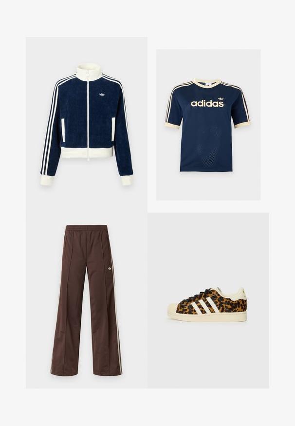 Marineblauwe corduroy ritsjack met witte geribde kraag en manchetten. Drie witte strepen op de mouwen en een klein logo op de borst. Twee voorzakken.; Marineblauw Adidas mesh T-shirt met korte mouwen, crèmekleurige afwerking, drie crèmekleurige strepen op de mouwen en Adidas-logo op de borst.; Bruine sportbroek met een wijd uitlopende pijp, witte zijstrepen, een elastische tailleband en twee zijzakken. Heeft een klein logo op het been.; Luipaardprint sneakers met zwarte veters, witte drie-streep ontwerp, crèmekleurige rubberen neus en zool, gestructureerd bovenmateriaal.