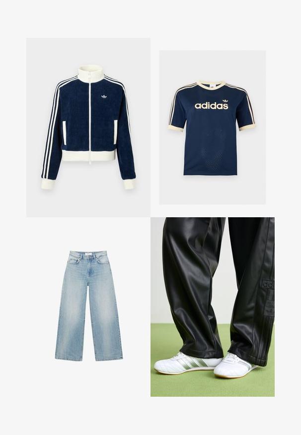 Marineblaues Cord-Jacke mit Reißverschluss, weißem Rippkragen und -bündchen. Drei weiße Streifen an den Ärmeln und kleines Logo auf der Brust. Zwei Vordertaschen.; Marineblaues Adidas Mesh-Kurzarmshirt mit cremefarbenem Besatz, drei cremefarbenen Streifen an den Ärmeln und Adidas-Logo auf der Brust.; Hellblaue Jeans mit weitem Bein, hoher Taille, vorderer Knopf- und Reißverschluss sowie Fünf-Taschen-Design.; Schwarze Kunstlederhosen mit einer lockeren Passform, die eine glatte Textur und seitliche Streifen aufweisen. Kombiniert mit weißen Sneakers mit silbernen Akzenten.