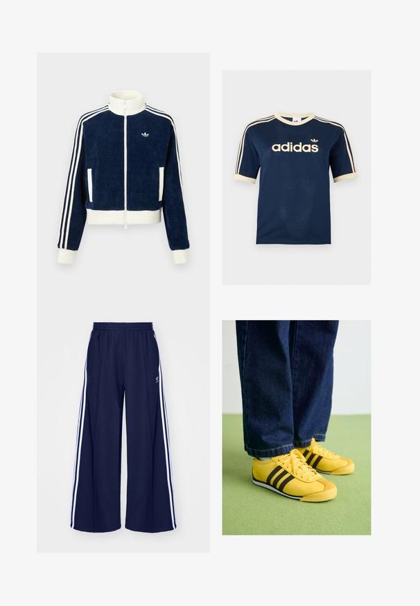 Chaqueta de pana azul marino con cierre y cuello y puños de canalé blancos. Tres rayas blancas en las mangas y pequeño logo en el pecho. Dos bolsillos frontales.; Camiseta de manga corta de malla azul marino de Adidas con ribete crema, tres rayas crema en las mangas y logo de Adidas en el pecho.; adidas Originals PANT - Pantalones deportivos - night indigo; Zapatillas de cuero amarillas con rayas negras, una puntera texturizada y suela blanca, combinadas con jeans de mezclilla oscuros, sobre una superficie verde.