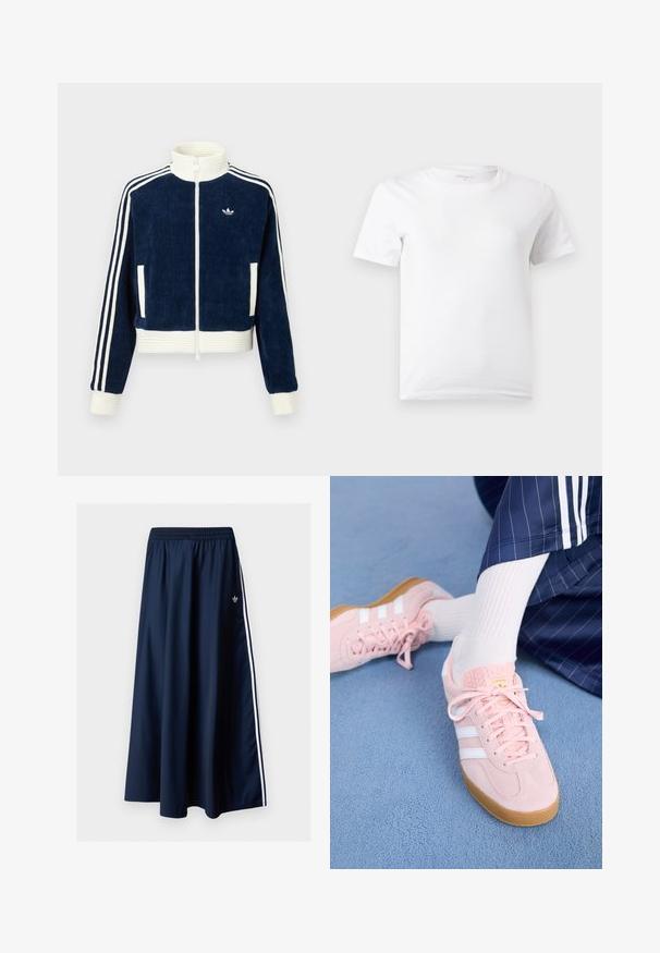 Mørkeblå kordfløjls lynlåsjakke med hvid ribbet krave og manchetter. Tre hvide striber på ærmerne og lille logo på brystet. To frontlommer.; Enkelt hvid T-shirt med korte ærmer og rund hals, vist mod en lys grå baggrund.; Marineblå maxi nederdel med elastisk talje, to hvide sidelister og en lille hvid Adidas-logo på venstre side.; Lyserøde ruskinds sneakers med hvide striber og snørebånd, udstyret med en struktureret tunge og en gummisål, placeret på et blåt tæppe.