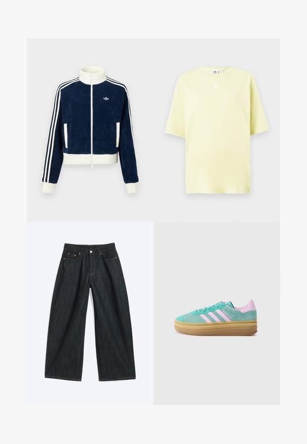 Marineblauwe corduroy ritsjack met witte geribde kraag en manchetten. Drie witte strepen op de mouwen en een klein logo op de borst. Twee voorzakken.; Lichtgele Adidas T-shirt met korte mouwen en een klein wit trefoil-logo in het midden nabij de hals.; Donkerblauwe denim jeans met wijde pijpen, voorzakken en riemlussen, plat gelegd op een lichte achtergrond.; adidas Originals GAZELLE BOLD - Sneakers laag - powder teal/bliss lilac/pure teal