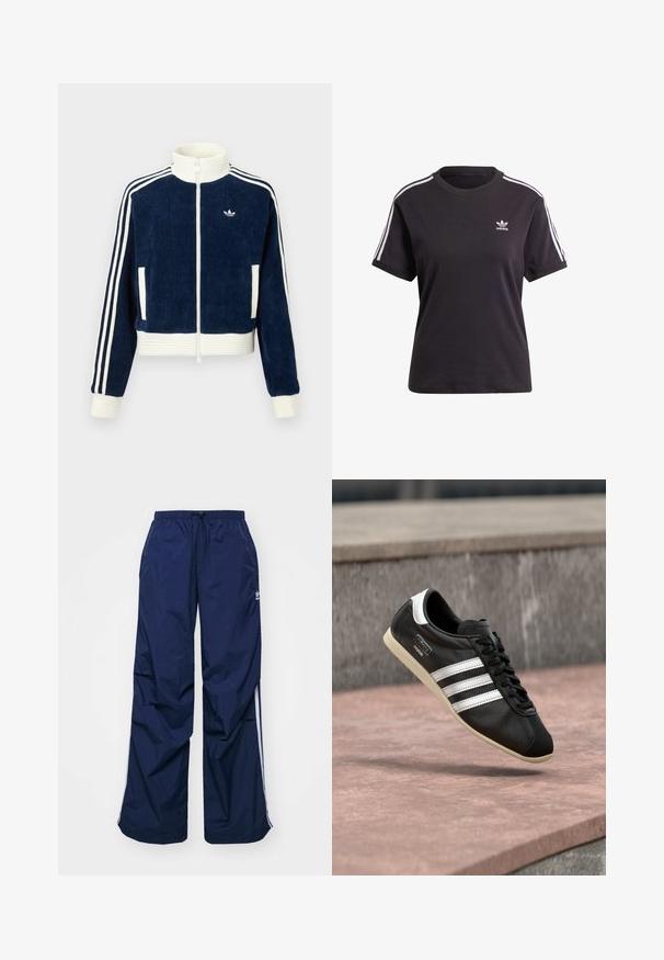 Marineblaues Cord-Jacke mit Reißverschluss, weißem Rippkragen und -bündchen. Drei weiße Streifen an den Ärmeln und kleines Logo auf der Brust. Zwei Vordertaschen.; Schwarzes Baumwoll-T-Shirt mit kurzen Ärmeln und Rundhalsausschnitt, mit weißen Streifen auf den Schultern und einem kleinen weißen Adidas-Logo auf der Brust.; Navyblaue, leichte Hosen mit elastischem Bund und Kordelzug, versehen mit weißen Seitenstreifen und einem kleinen Logo vorne. Locker geschnittenes Design.; Schwarzer Ledersneaker mit weißen Streifen und Sohle, geschnürt, schwebt über einer rosa gefärbten Betontfläche vor einer grauen Steinmauer im Hintergrund.