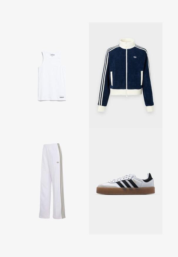 Marineblaues Cord-Jacke mit Reißverschluss, weißem Rippkragen und -bündchen. Drei weiße Streifen an den Ärmeln und kleines Logo auf der Brust. Zwei Vordertaschen.; Weißes Tanktop aus Baumwolle. Verfügt über breite Träger und einen abgerundeten Halsausschnitt. Enthält ein kleines Markenlabel unten links.; Weiße Trainingshose mit beigen drei Streifen an den Seiten, elastischem Bund, seitlicher Reißverschlusstasche und kleinem Adidas-Logo am linken Oberschenkel.; Weiße Leder Sneakers mit schwarzen Streifen, Gummigummi-Außensohle, runder Zehenform, Schnürverschluss und weichem grauem Wildleder-Zehenkappe.