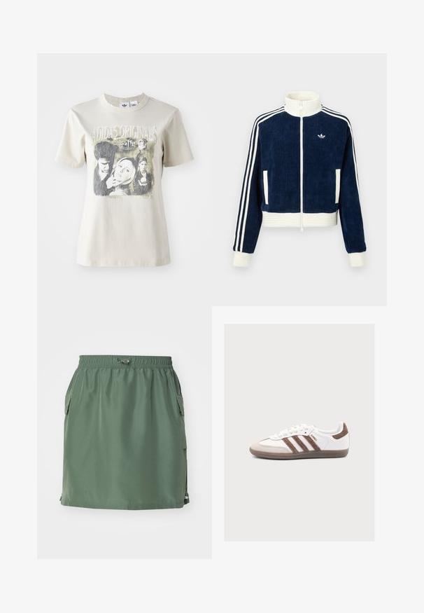 Mørkeblå kordfløjls lynlåsjakke med hvid ribbet krave og manchetter. Tre hvide striber på ærmerne og lille logo på brystet. To frontlommer.; Beige bomulds t-shirt med rund hals. Har et grafisk print med karakterer og tekst fra "Buffy" i sort og grå nuancer.; Khaki grøn nederdel lavet af letvægtsstof, med elastisk talje, sidelommer og en lige pasform med en kantdetalje.; Hvid Adidas Samba sneaker med brune ruskindstriber, brun ruskindstå og gummisål på en lys grå baggrund.